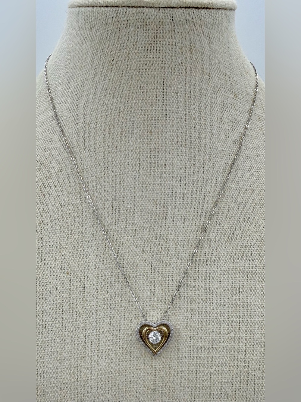 NWT Heart Pendant Necklace 14K Gold 925 Silver .17TW Diamond & White Sapphire